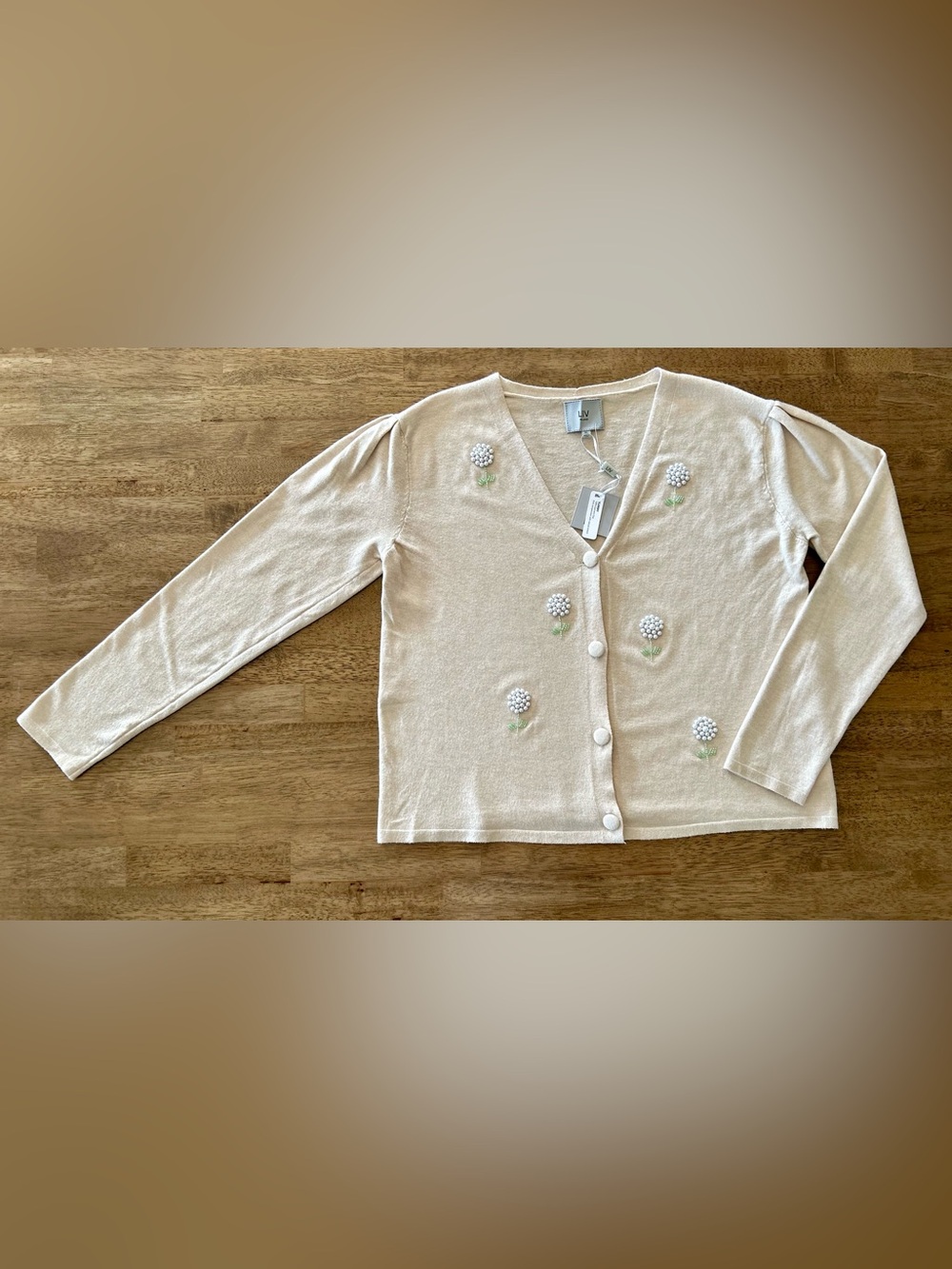 NWT Liv Milano Cream Floral Embellished V‑Neck Cardigan